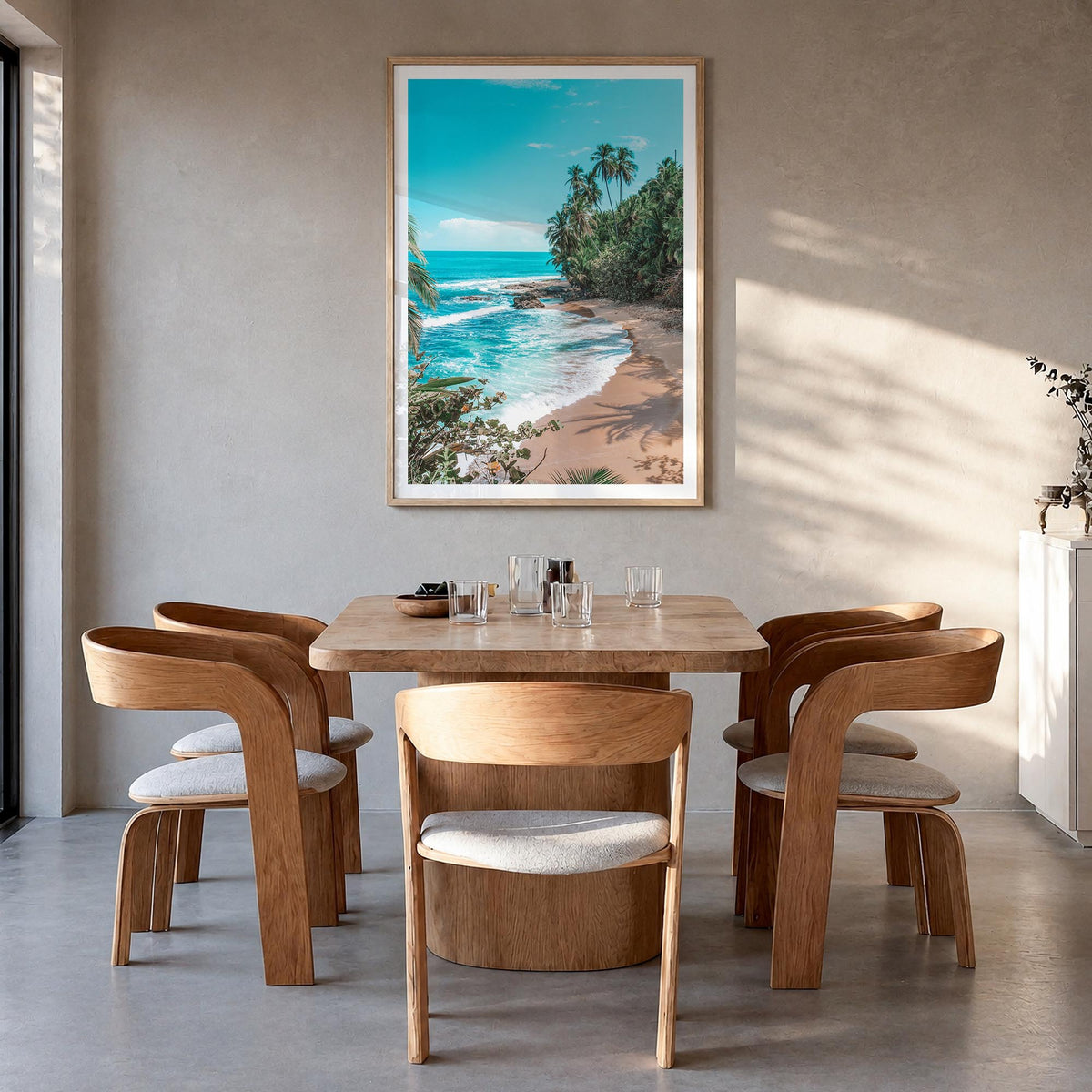Costa Rica colorful photo poster of Central America – vertical wall art in natural wood frame with white border, hanging on w