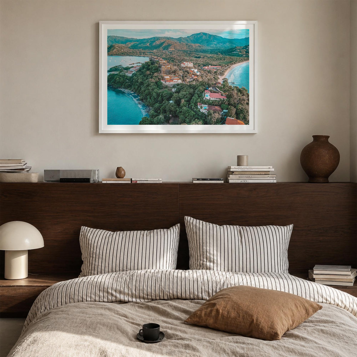 Costa Rica colorful photo poster of Central America – horizontal wall art in white wood frame with white border, hanging on w