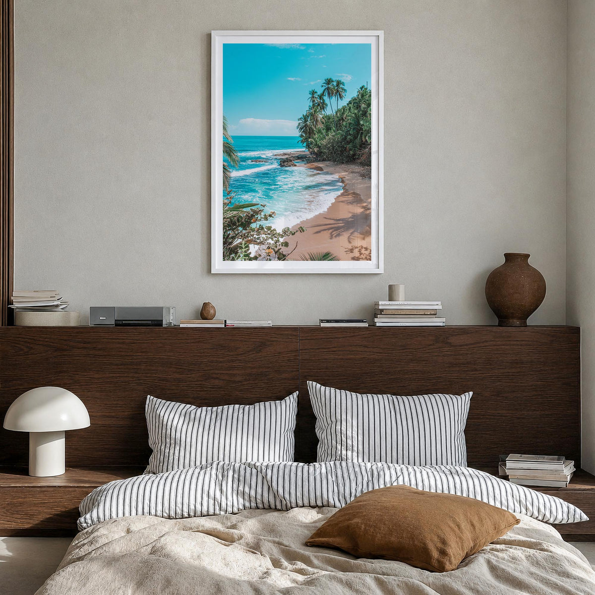 Costa Rica colorful photo poster of Central America – vertical wall art in white wood frame with white border, hanging on wal