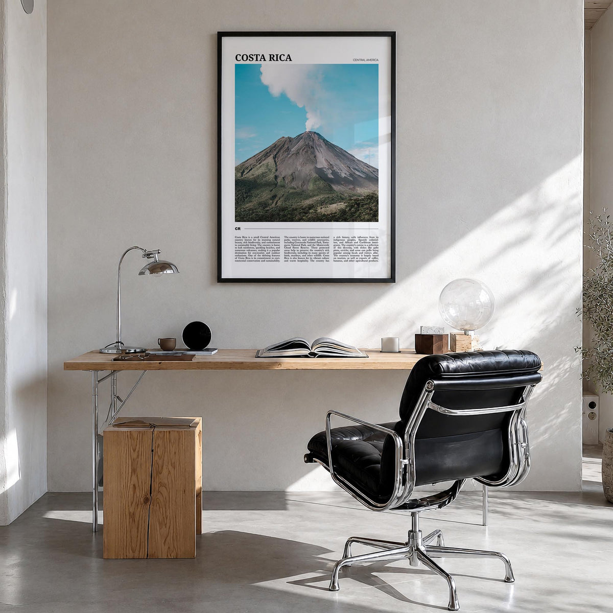 Costa Rica colorful travel poster of Central America – vertical wall art in black wood frame, hanging on wall