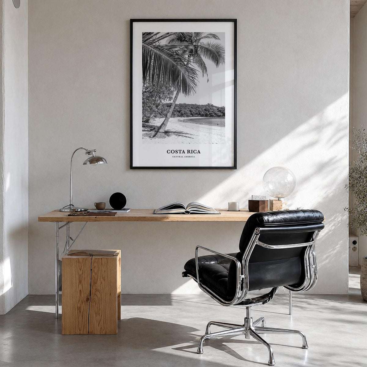Costa Rica no. 1 black & white classic poster of Central America – vertical wall art in black wood frame, hanging on wall