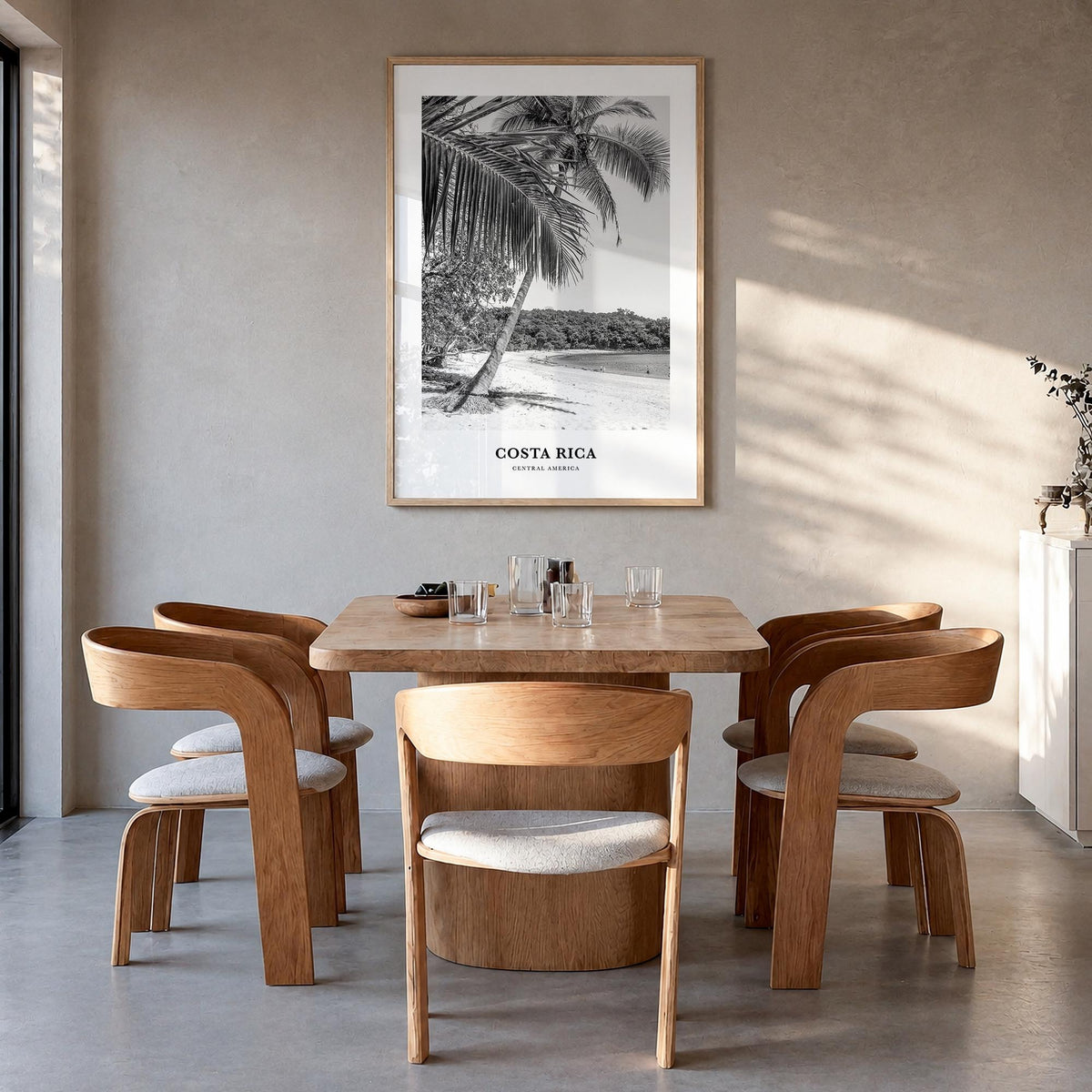 Costa Rica no. 1 black & white classic poster of Central America – vertical wall art in natural wood frame, hanging on wall