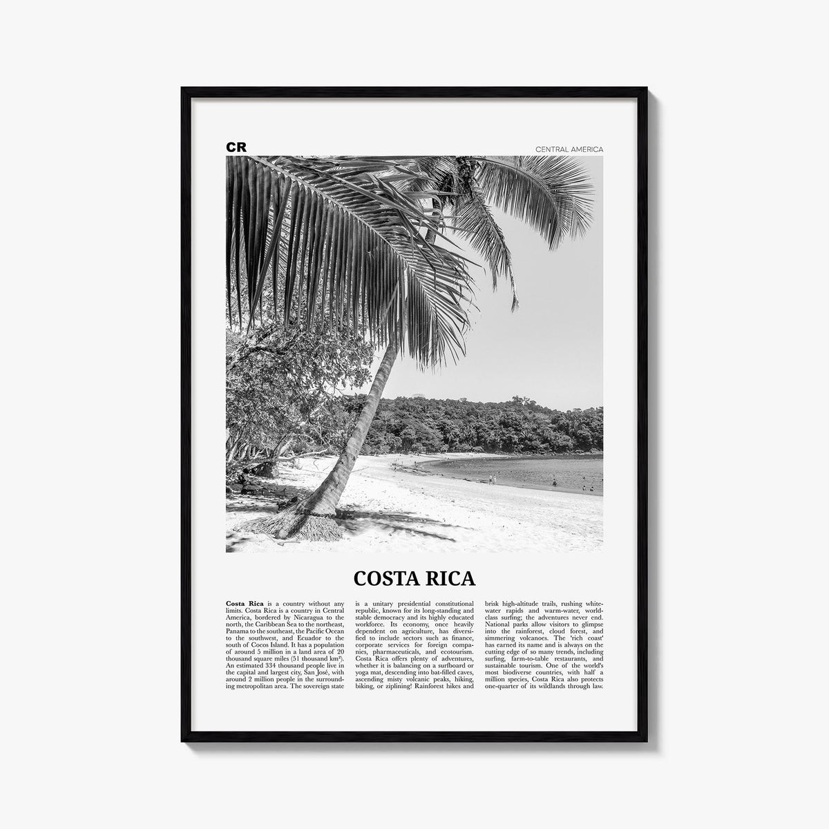 Costa Rica no. 2 black & white newspaper poster of Central America – vertical wall art, unframed print shown in interior mock