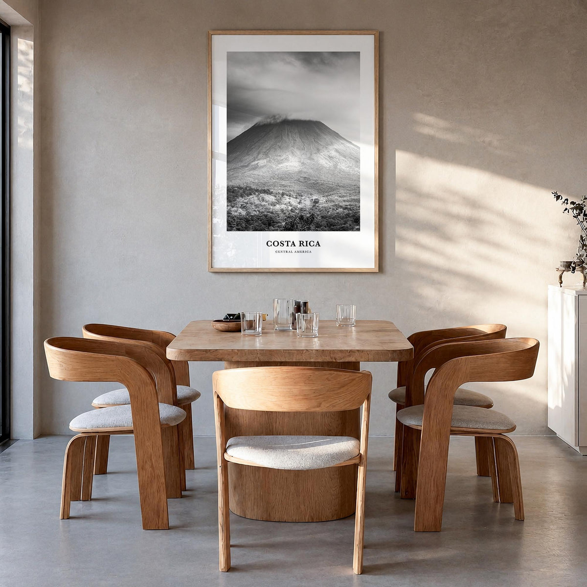 Costa Rica no. 3 black & white classic poster of Central America – vertical wall art in natural wood frame, hanging on wall