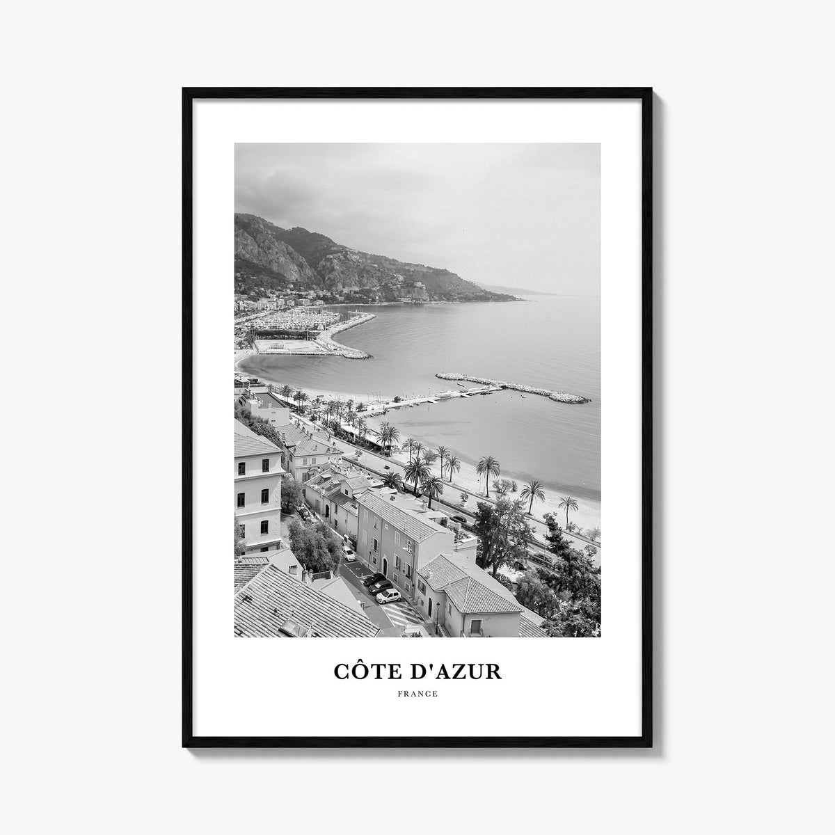 Côte d'Azur black & white classic poster of France – vertical wall art, unframed print shown in interior mockup