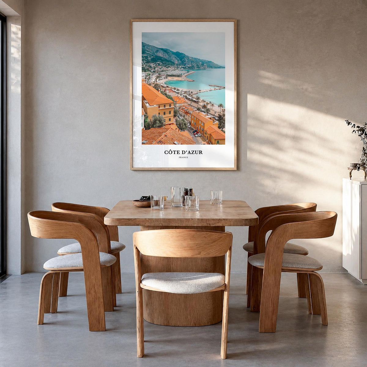 Côte d'Azur no. 1 colorful classic poster of France – vertical wall art in natural wood frame, hanging on wall