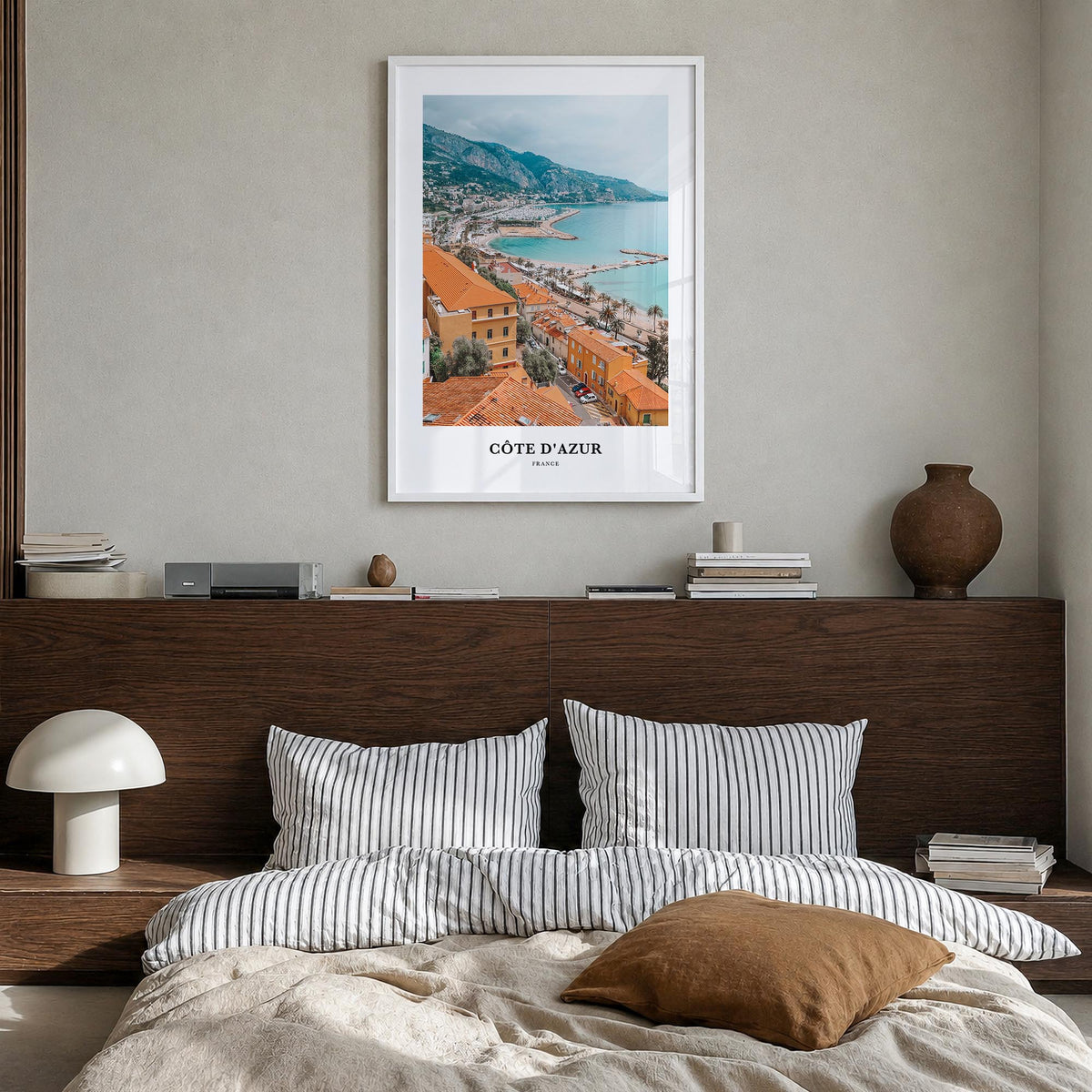 Côte d'Azur no. 1 colorful classic poster of France – vertical wall art in white wood frame, hanging on wall