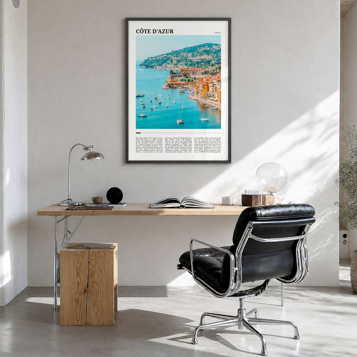 Côte d'Azur Travel No 2 Poster in a black wood frame, hanging in a bright home office