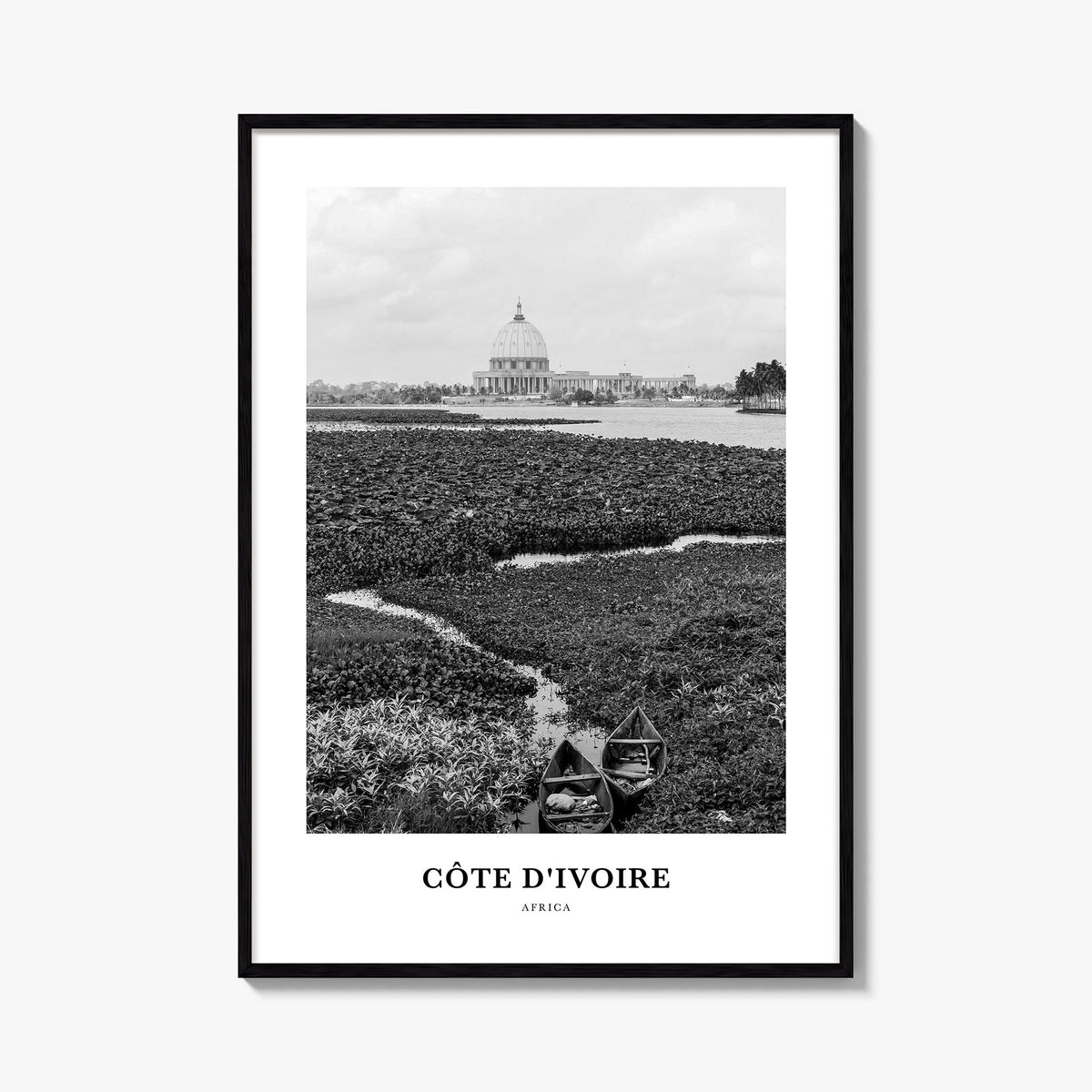Côte d'Ivoire black & white classic poster of Africa – vertical wall art, unframed print shown in interior mockup