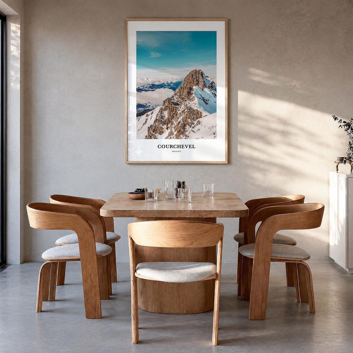 Courchevel colorful classic poster of France – vertical wall art in natural wood frame, hanging on wall