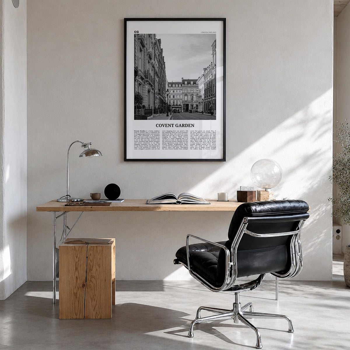 Covent Garden black & white newspaper poster of London, England – vertical wall art in black wood frame, hanging on wall