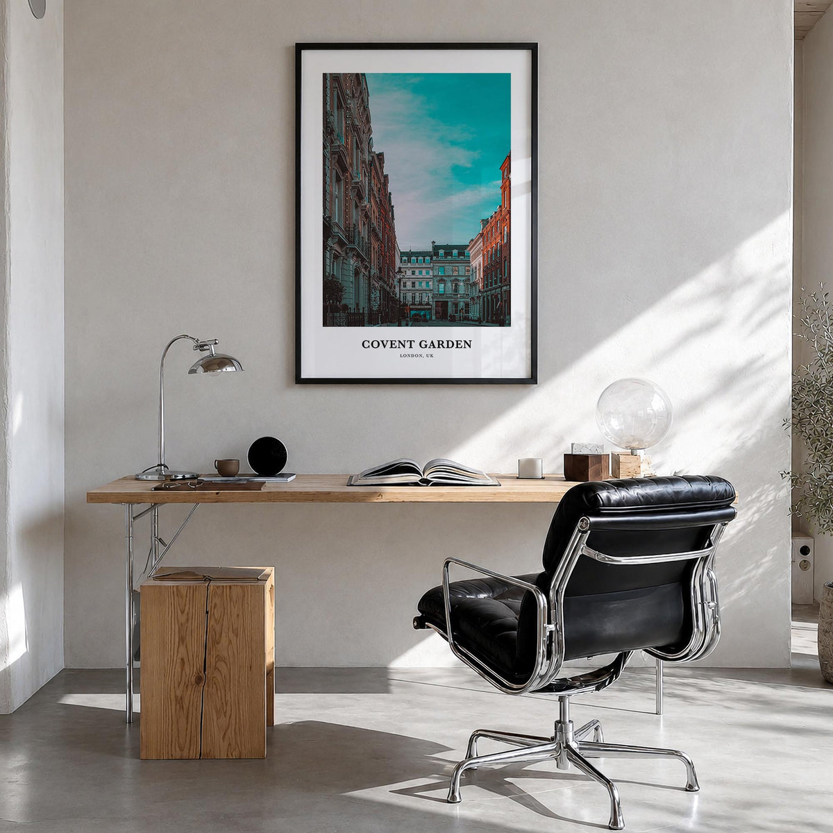 Covent Garden colorful classic poster of London, England – vertical wall art in black wood frame, hanging on wall