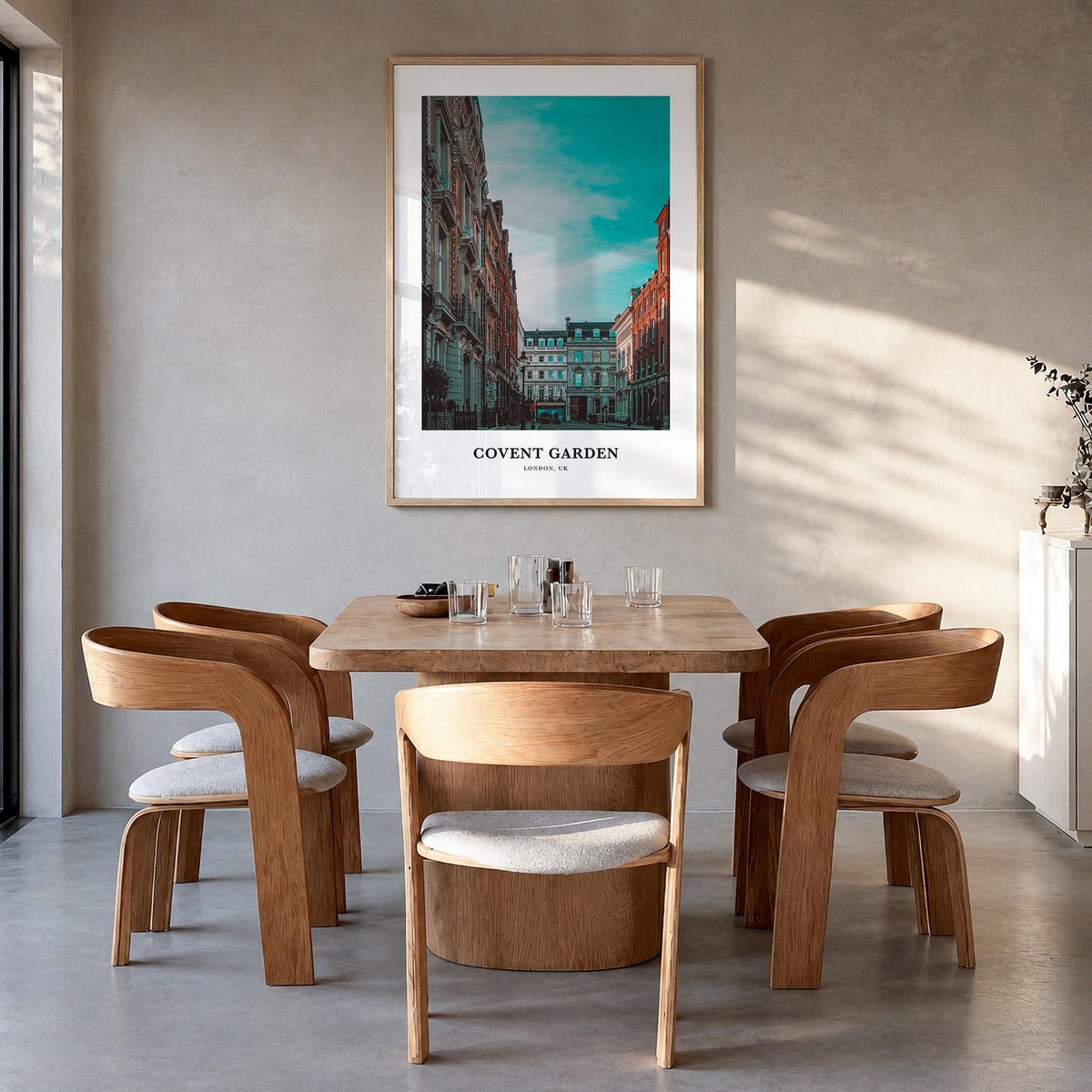 Covent Garden colorful classic poster of London, England – vertical wall art in natural wood frame, hanging on wall