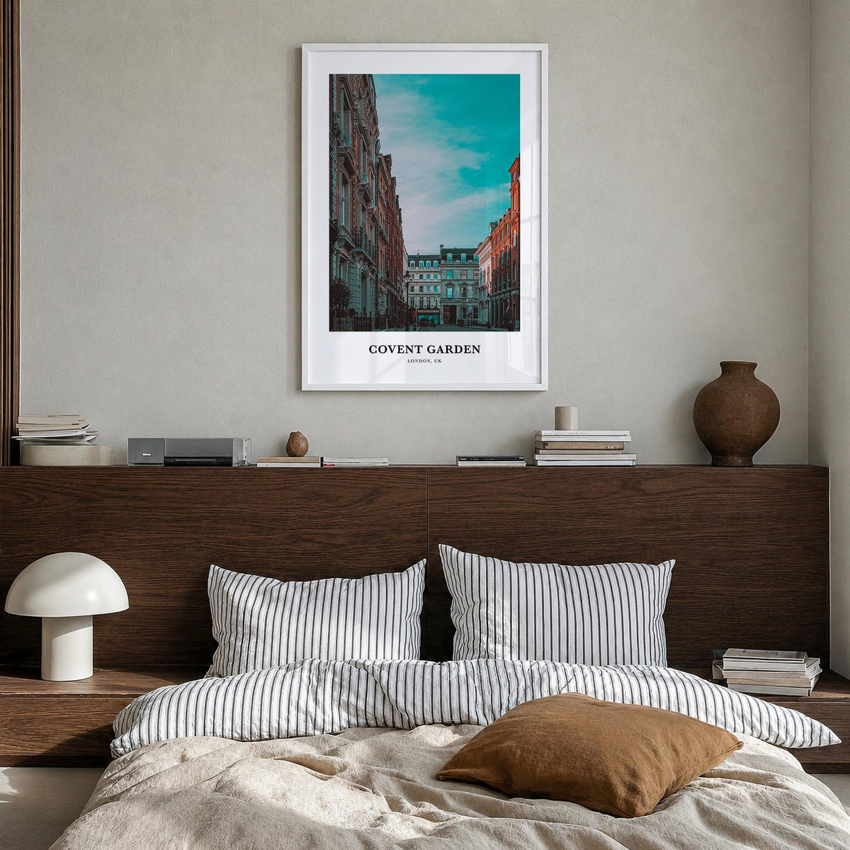 Covent Garden colorful classic poster of London, England – vertical wall art in white wood frame, hanging on wall