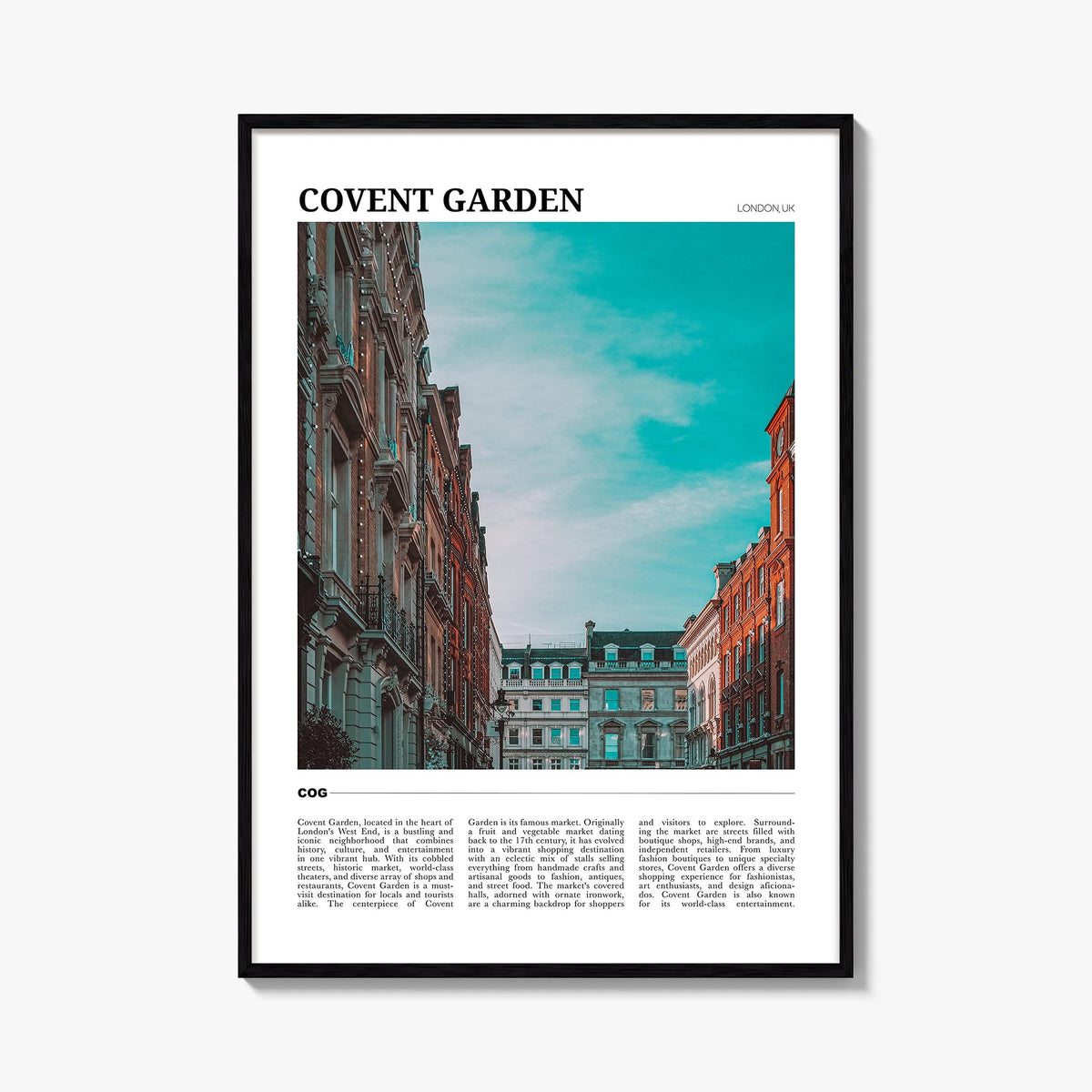 Covent Garden colorful travel poster of London, England – vertical wall art, unframed print shown in interior mockup