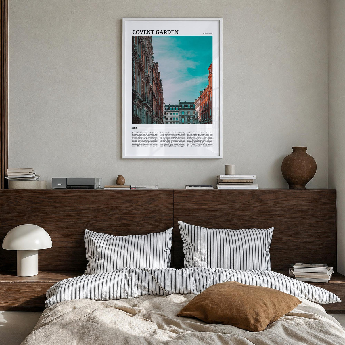 Covent Garden colorful travel poster of London, England – vertical wall art in white wood frame, hanging on wall