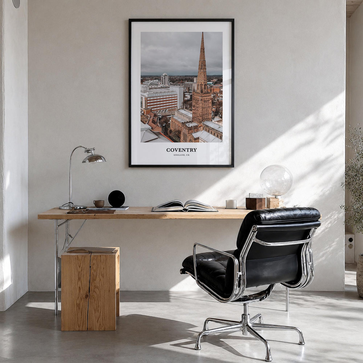 Coventry colorful classic poster of United Kingdom – vertical wall art in black wood frame, hanging on wall