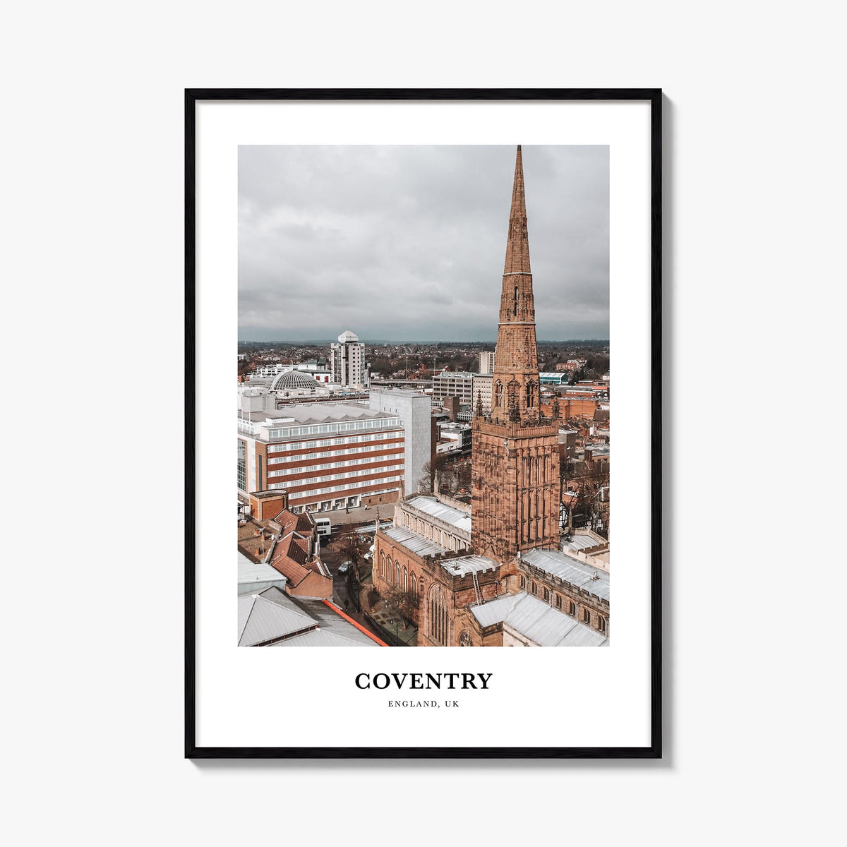 Coventry colorful classic poster of United Kingdom – vertical wall art, unframed print shown in interior mockup