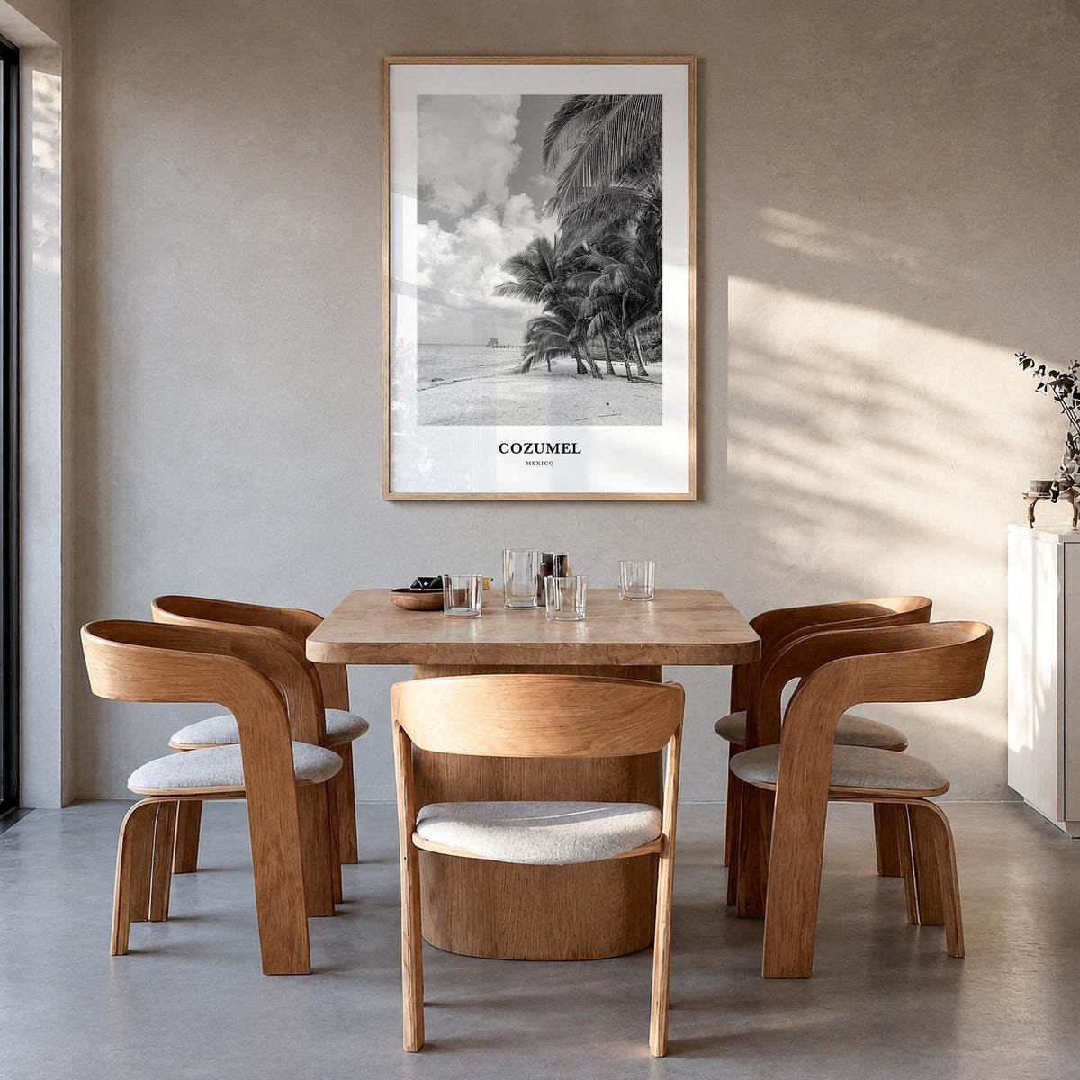 Cozumel black & white classic poster of Mexico – vertical wall art in natural wood frame, hanging on wall