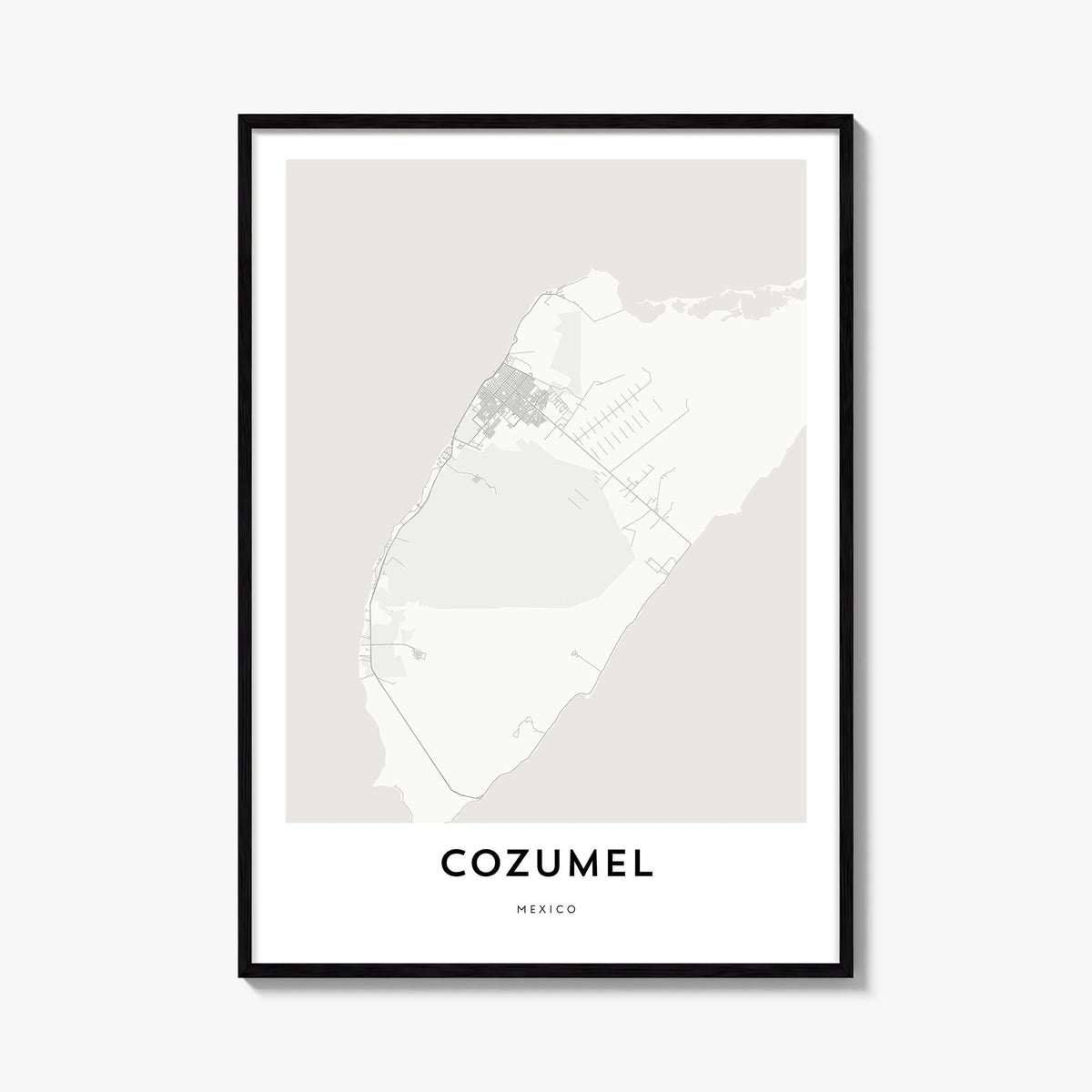 Cozumel black & white map poster of Mexico – vertical wall art, unframed print shown in interior mockup