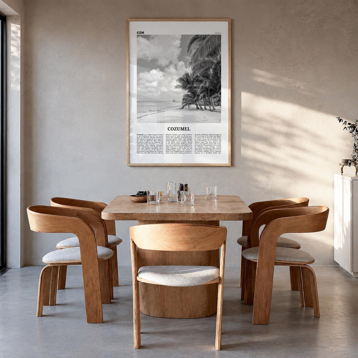 Cozumel black & white newspaper poster of Mexico – vertical wall art in natural wood frame, hanging on wall