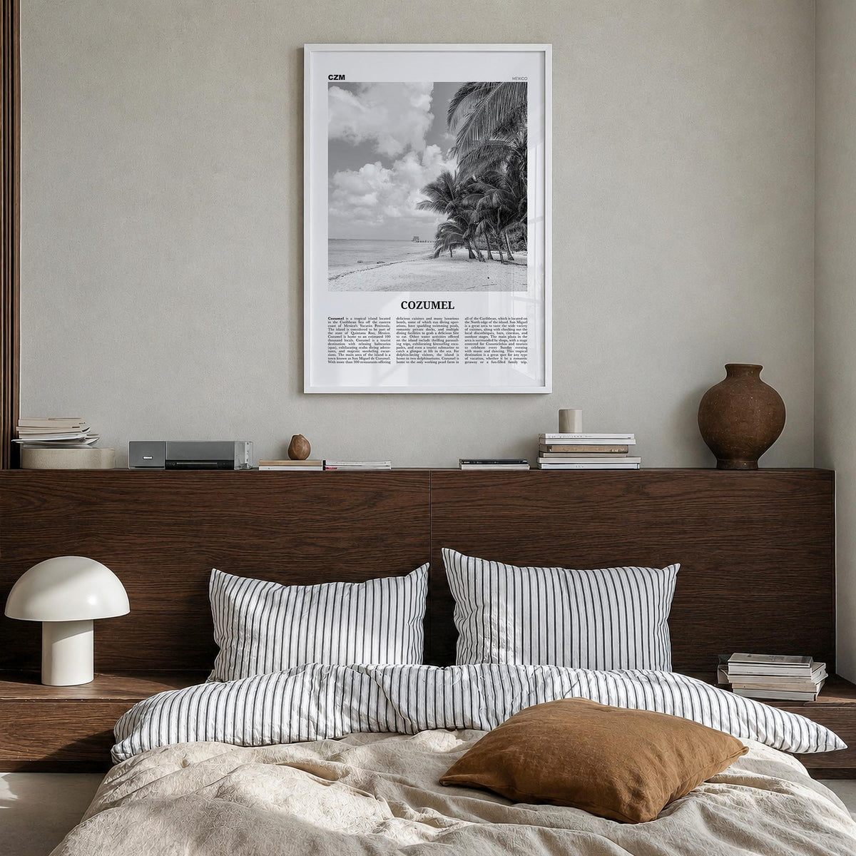 Cozumel black & white newspaper poster of Mexico – vertical wall art in white wood frame, hanging on wall