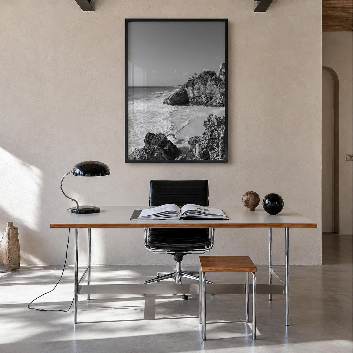 Cozumel black & white photo poster of Mexico – vertical wall art in black wood frame, hanging on wall