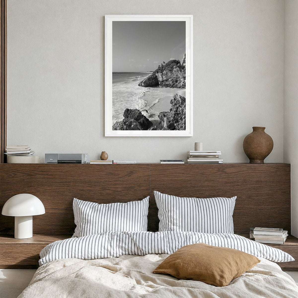 Cozumel Photo Poster in a white wood frame, hanging in a bedroom, white border