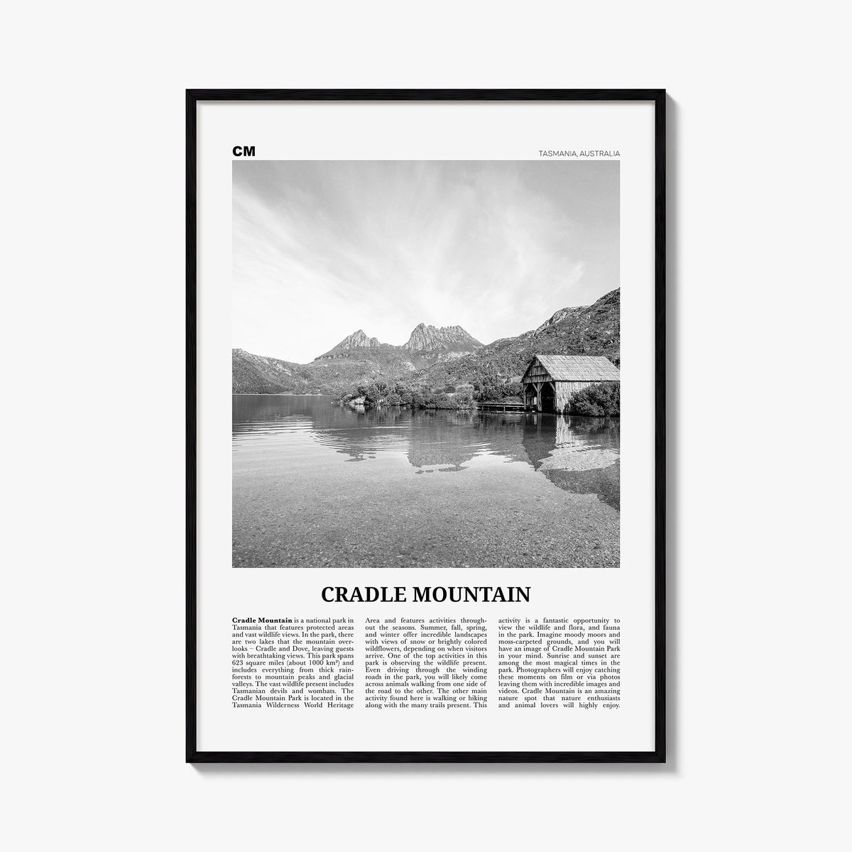 Cradle Mountain black & white newspaper poster of Tasmania, Australia – vertical wall art, unframed print shown in interior m