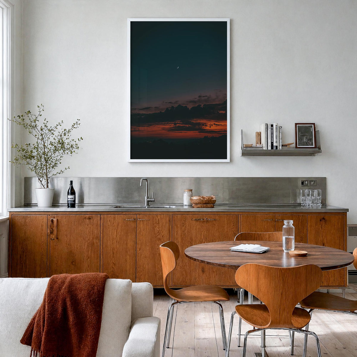 Crescent Moon no. 2 colorful photo poster – vertical wall art in white wood frame, hanging on wall
