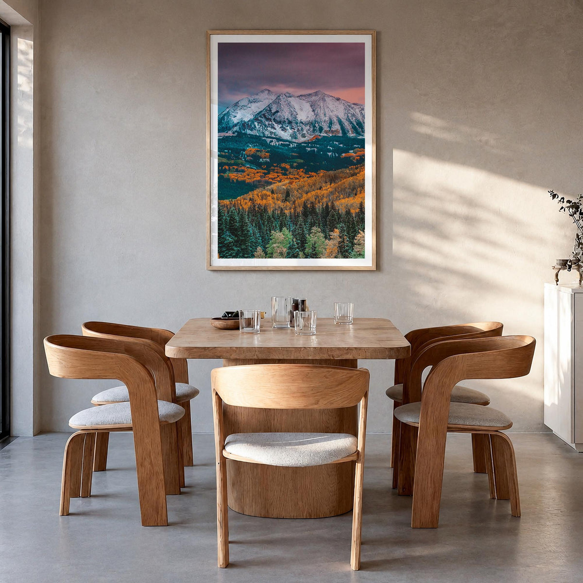 Crested Butte colorful photo poster of Colorado, USA – vertical wall art in natural wood frame with white border, hanging on