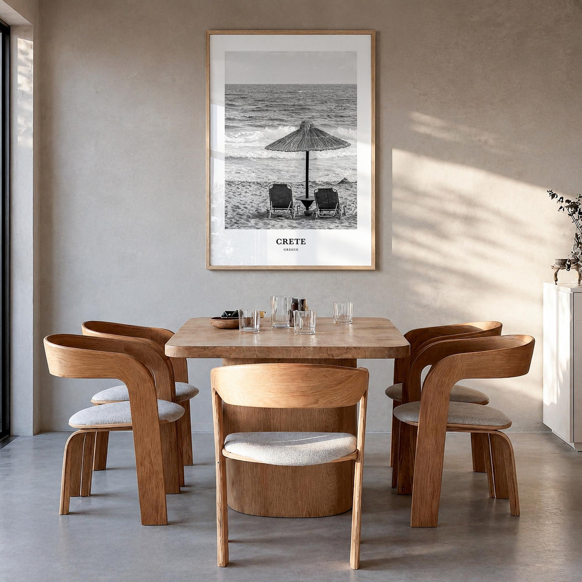 Crete black & white classic poster of Greece – vertical wall art in natural wood frame, hanging on wall