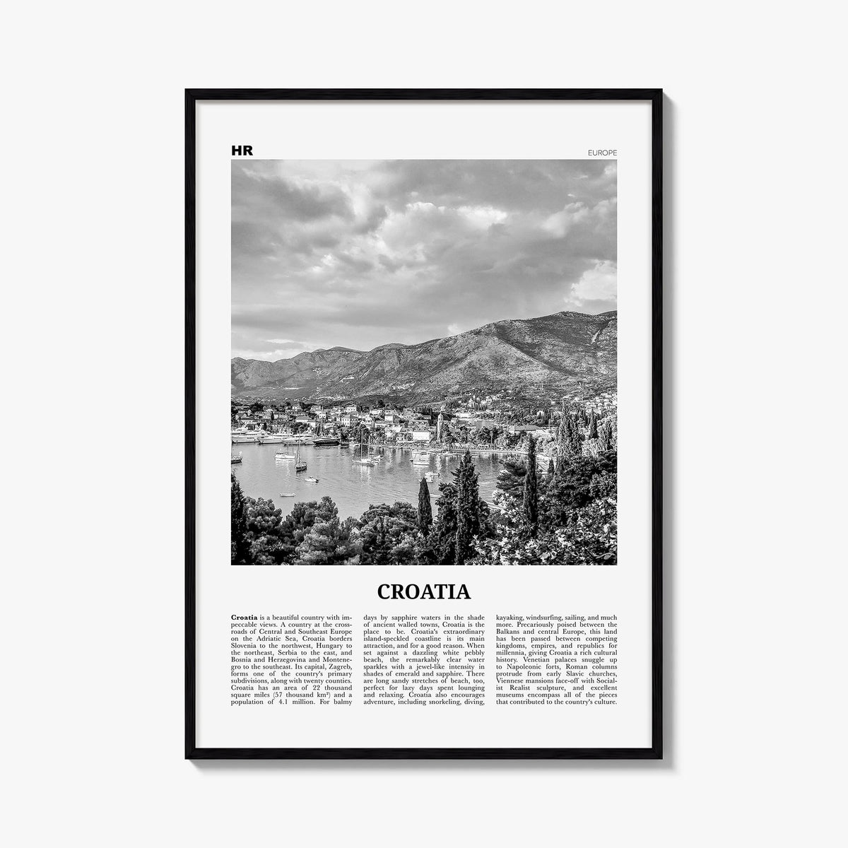 Croatia black & white newspaper poster of Europe – vertical wall art, unframed print shown in interior mockup