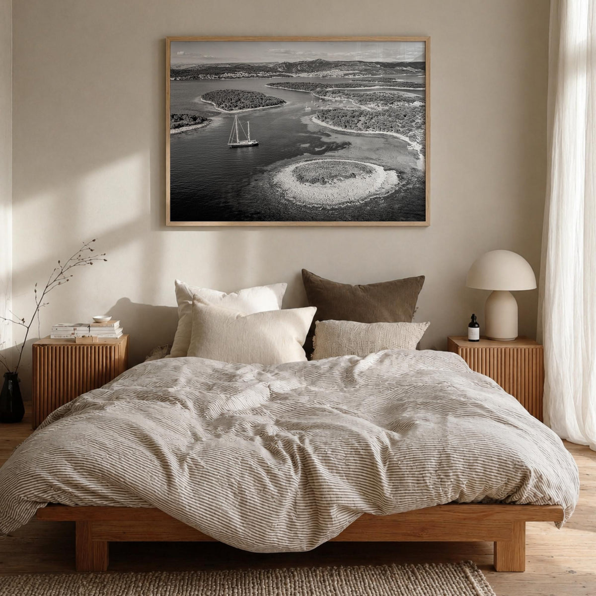 Croatia black & white photo poster of Europe – horizontal wall art in natural wood frame, hanging on wall