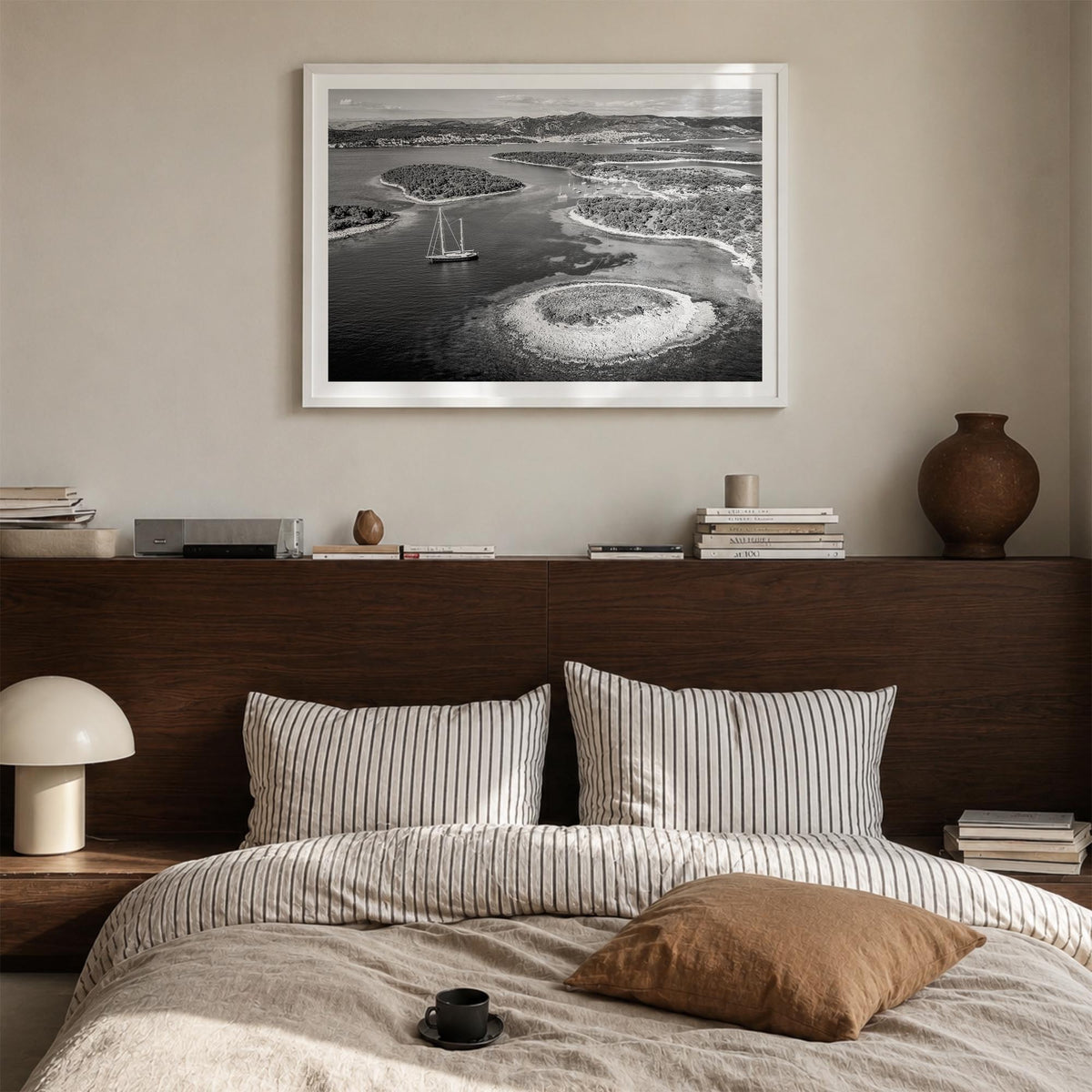 Croatia black & white photo poster of Europe – horizontal wall art in white wood frame with white border, hanging on wall