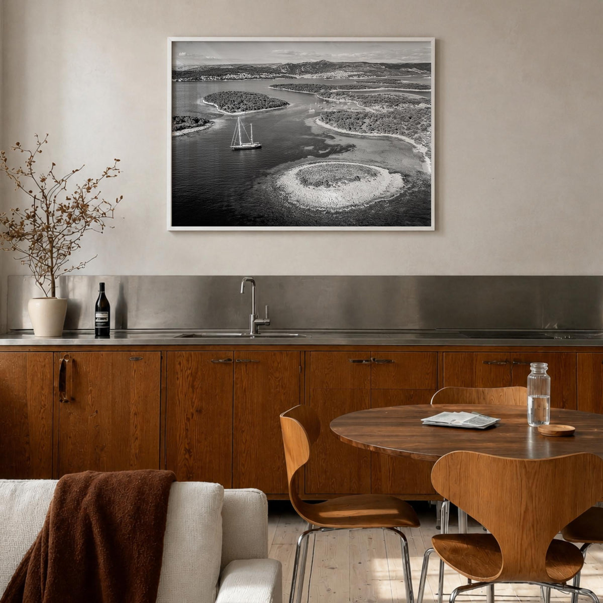 Croatia black & white photo poster of Europe – horizontal wall art in white wood frame, hanging on wall