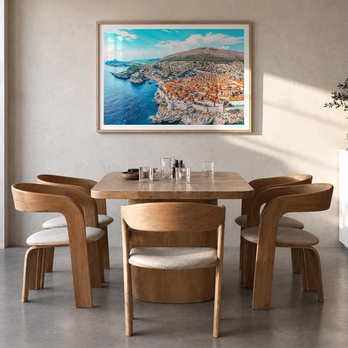 Croatia colorful photo poster of Europe – horizontal wall art in natural wood frame with white border, hanging on wall