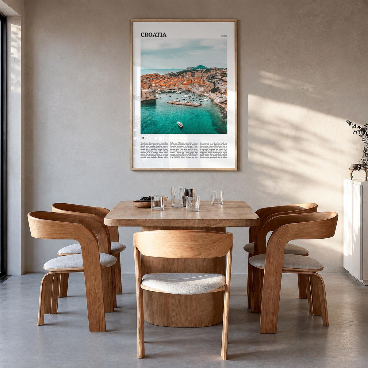 Croatia colorful travel poster of Europe – vertical wall art in natural wood frame, hanging on wall