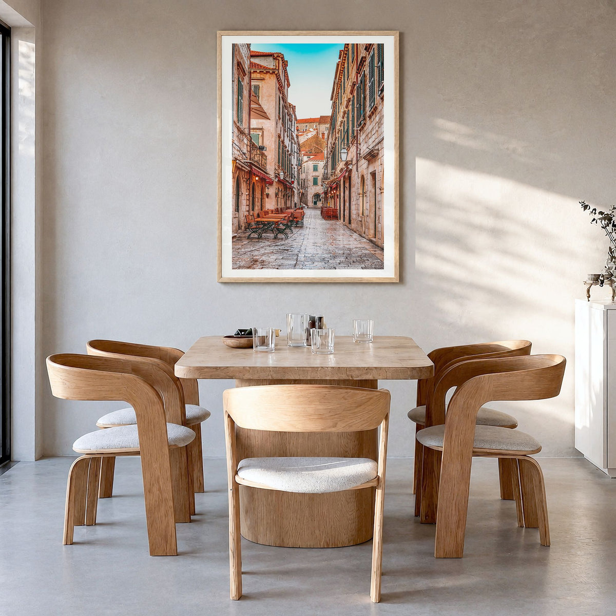 Croatia Photo No 1 Poster in a natural wood frame, hanging in a dining room, white border
