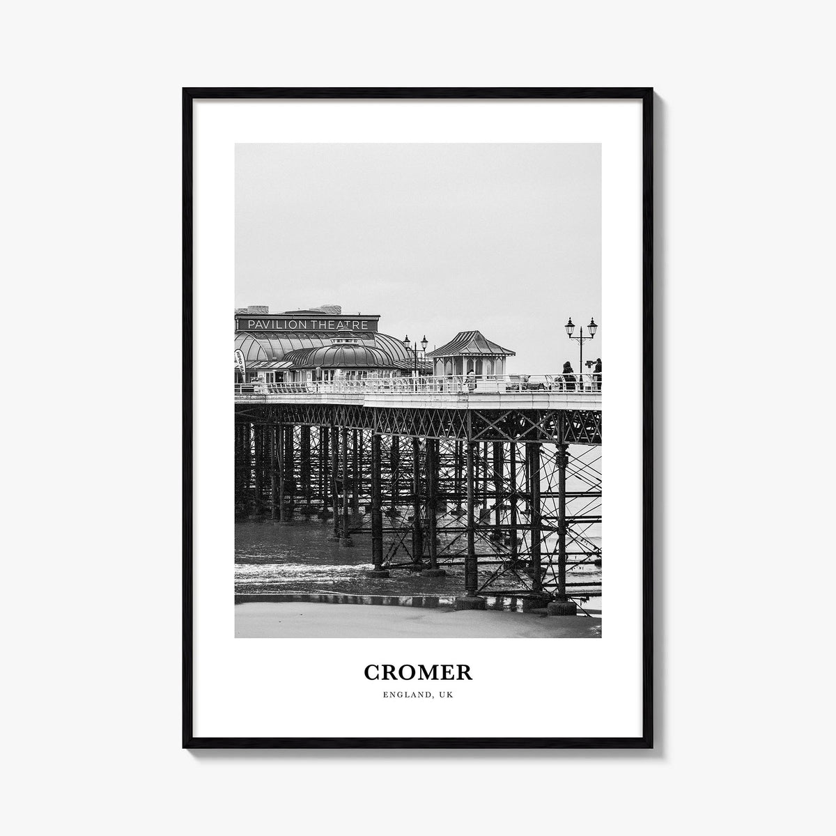 Cromer black & white classic poster of United Kingdom – vertical wall art, unframed print shown in interior mockup