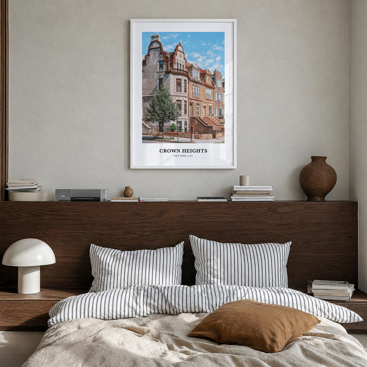 Crown Heights colorful classic poster of Brooklyn, New York City – vertical wall art in white wood frame, hanging on wall