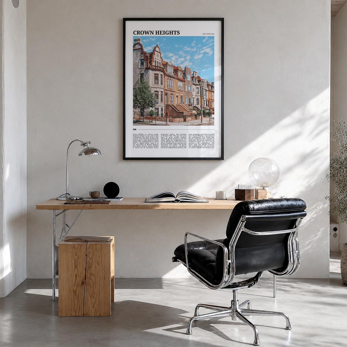 Crown Heights colorful travel poster of Brooklyn, New York City – vertical wall art in black wood frame, hanging on wall