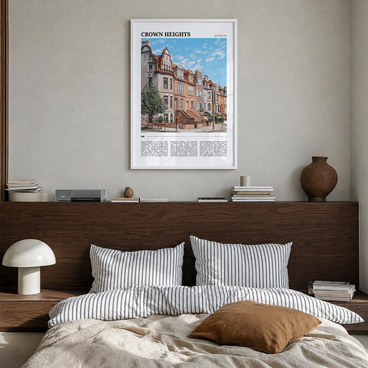 Crown Heights colorful travel poster of Brooklyn, New York City – vertical wall art in white wood frame, hanging on wall
