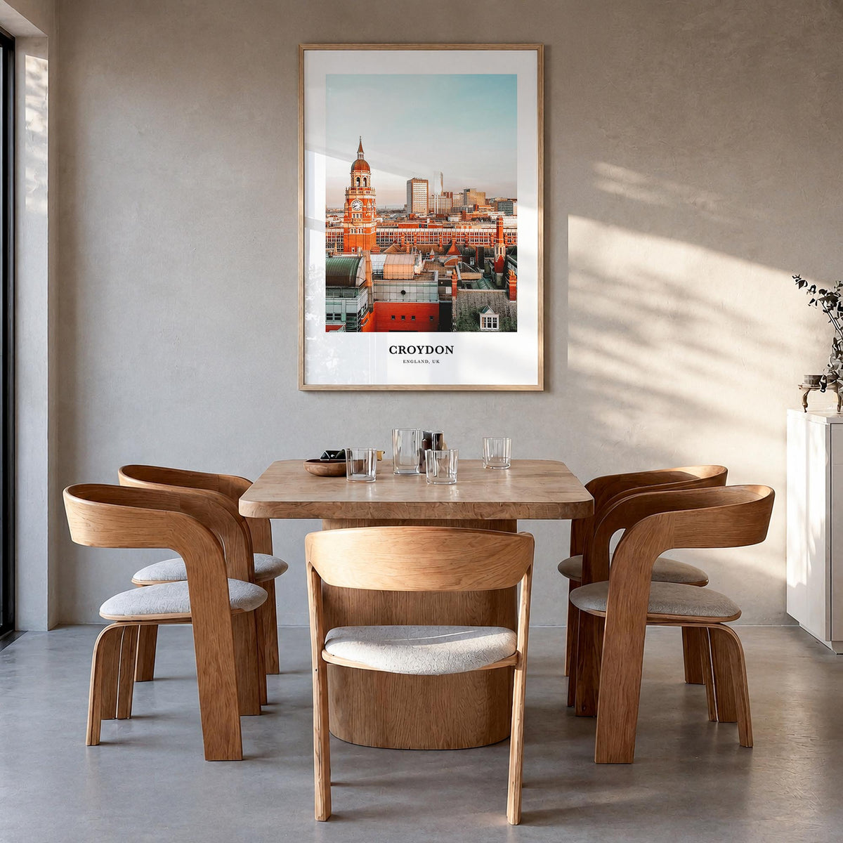 Croydon colorful classic poster of United Kingdom – vertical wall art in natural wood frame, hanging on wall