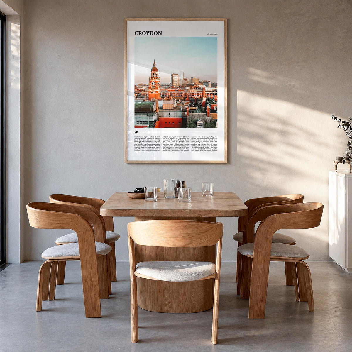 Croydon colorful travel poster of United Kingdom – vertical wall art in natural wood frame, hanging on wall