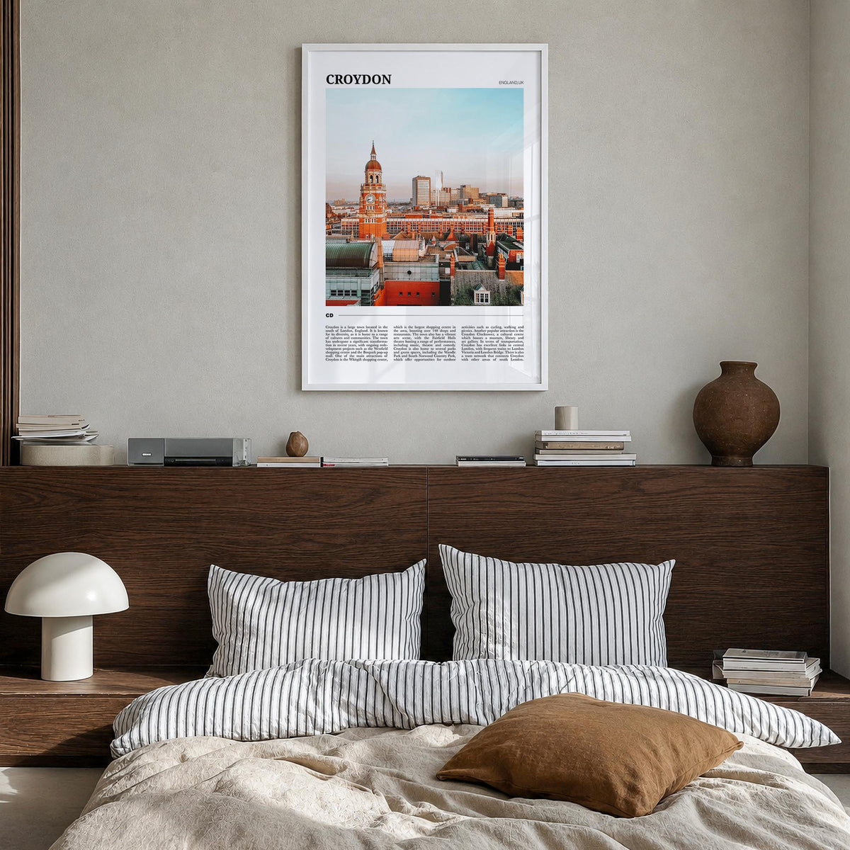 Croydon colorful travel poster of United Kingdom – vertical wall art in white wood frame, hanging on wall