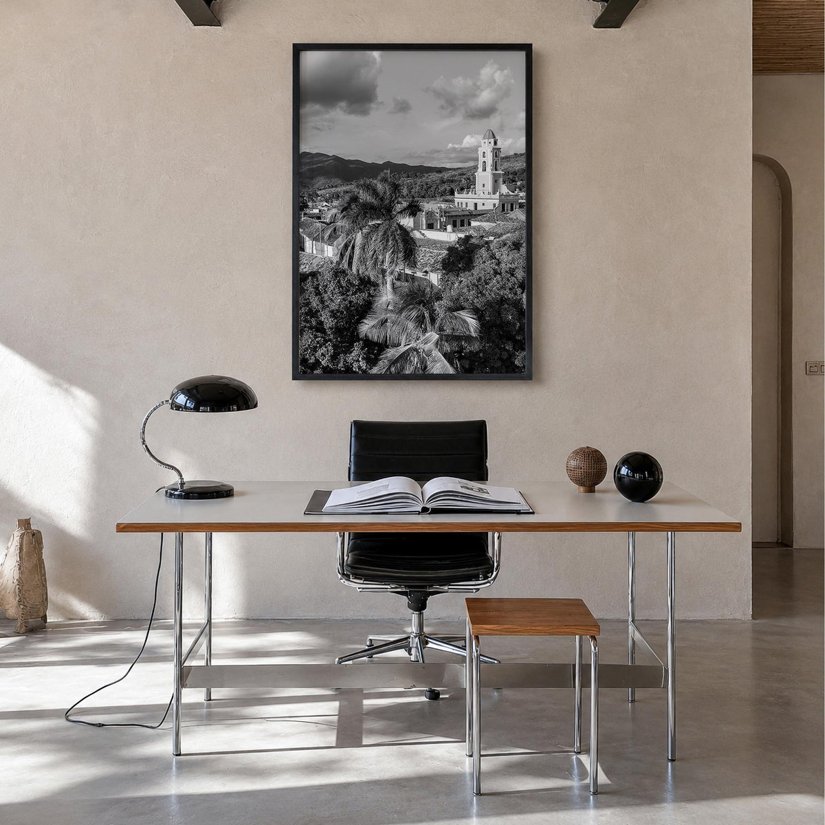 Cuba black & white photo poster of Caribbean – vertical wall art in black wood frame, hanging on wall