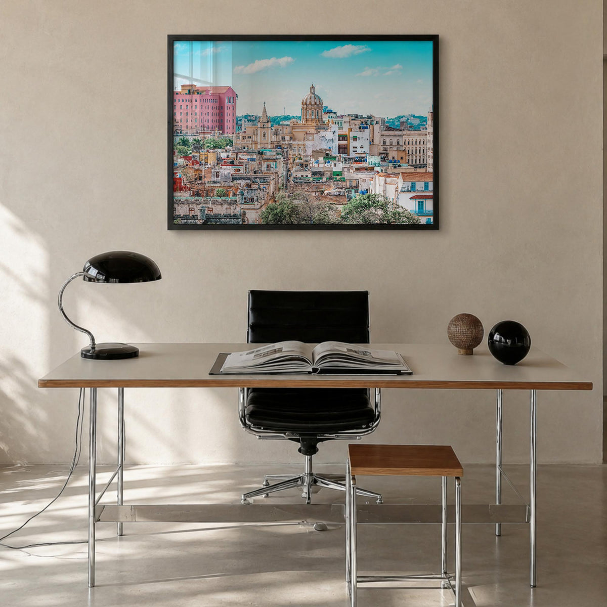 Cuba colorful photo poster of Caribbean – horizontal wall art in black wood frame, hanging on wall