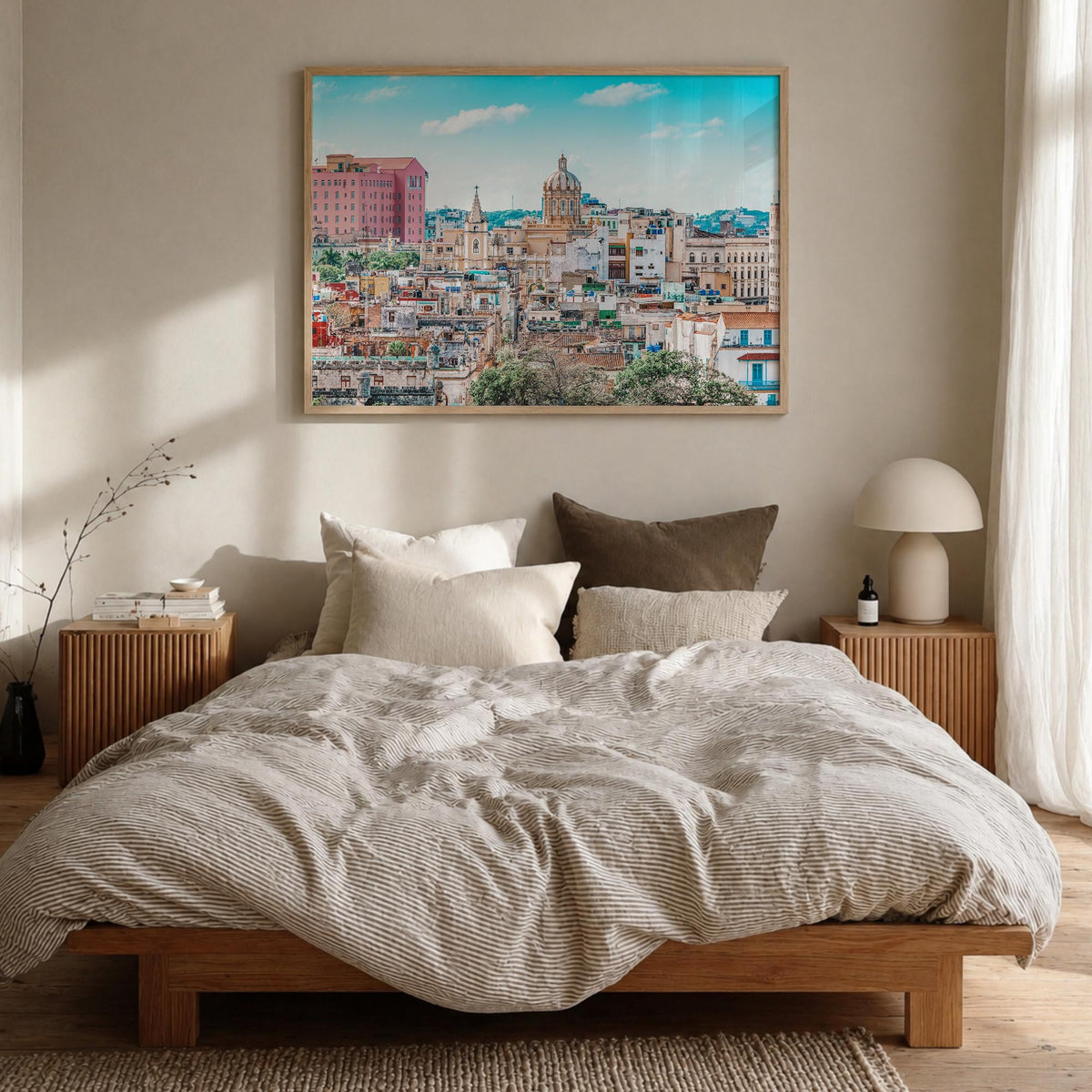 Cuba colorful photo poster of Caribbean – horizontal wall art in natural wood frame, hanging on wall
