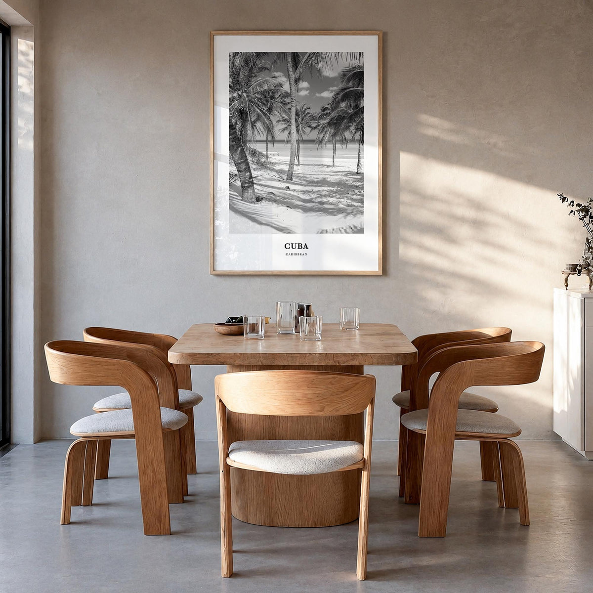 Cuba no. 1 black & white classic poster of Caribbean – vertical wall art in natural wood frame, hanging on wall